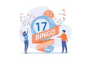 ganadores de hombres de negocios y mujeres y bolas de lotería de bingo con números de la suerte, gente pequeña. juego de lotería, boleto de rifa afortunado, concepto de juego de bingo. ilustración moderna de vector plano