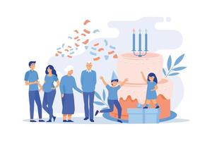 Parents, grandparents and children with presents at big cake with celebrating, tiny people. Family tradition, family reunion, home party concept. flat vector modern illustration