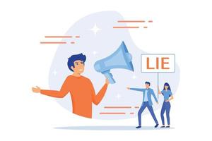 Businessman with huge megaphone cheating and tiny people holding word lie. Cheating in competition, cheater person, game cheats use concept. flat vector modern illustration