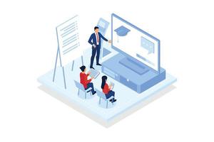 Join class. People joining smart classes via teaching software, video conferencing, data visualizations, online training.isometric vector modern illustration