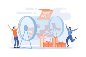 Lucky tiny people turning raffle drum with tickets and winning prize gift boxes. Prize draw, online random draw, promotional marketing concept. flat vector modern illustration