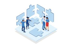 Finding solution, problem solving. Teamwork and partnership. Working team collaboration, enterprise cooperation . isometric vector modern illustration