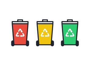 icono de papelera de tres colores, clasificación de residuos para reciclaje, vector. vector