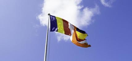 Waving colorful Buddhist Sri Lanlan Flag photo