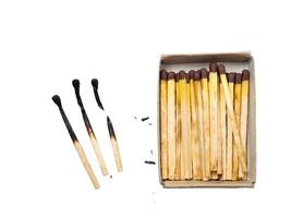 Matchbox on a white background.  Matchstick. Burnt match near the box. Broken match photo