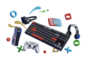 Gaming Keyboard 3D Model Rendering. Flying gamer gears like mouse, keyboard, joystick, headset, VR Headset , gamepad.  Gaming Keyboard hanging with gaming equipment. 3d rendering png