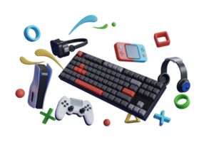 renderização de modelo 3d de teclado para jogos. engrenagens de jogador voador como mouse, teclado, joystick, fone de ouvido, fone de ouvido vr, gamepad. teclado para jogos pendurado com equipamentos de jogos. renderização em 3D png