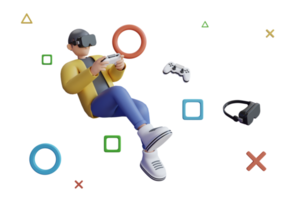 3D Virtual reality Man Gamer hands holding gaming console controller. man wearing virtual reality glasses and floating in the air playing a video game. video game, virtual world, Metaverse, png