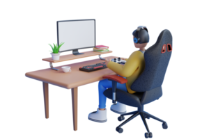 jouer à un jeu vidéo sur un ordinateur pc. joueur jouant à un jeu en ligne sur pc. ordinateur de jeu isolé. rendu 3D png