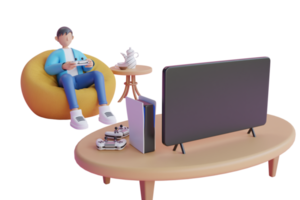 3d hombre jugando en el sofá. hombre de personaje de dibujos animados en sillón de bolsa roja jugar videojuego. juega videojuegos en la computadora. ilustración 3d png