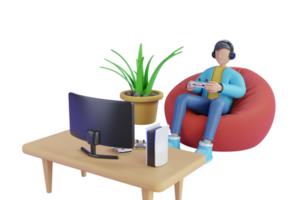 3D homme jouant au jeu dans le canapé. homme de personnage de dessin animé sur un fauteuil de sac rouge jouer au jeu vidéo. joue à des jeux vidéo sur l'ordinateur. Illustration 3D.