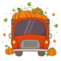 Hand drawn truck harvest pumpkin cartoon. Thanksgiving greeting card. png