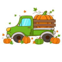 Hand drawn truck harvest pumpkin cartoon. Thanksgiving greeting card. png