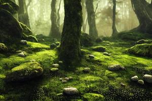 A computer generated illustration of lush green moss on a forest floor with rocks and trees. A.I. generated art. photo