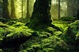 A computer generated illustration of lush green moss on a forest floor with rocks and trees. A.I. generated art. photo