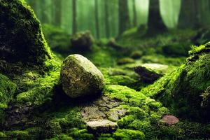A computer generated illustration of lush green moss on a forest floor with rocks and trees. A.I. generated art. photo