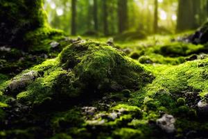 A computer generated illustration of lush green moss on a forest floor with rocks and trees. A.I. generated art. photo