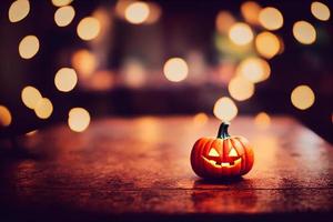 A tiny carved halloween pumpkin lantern placed on a wooden table top against a bokeh lights effect blurred background. A.I. generated art. photo