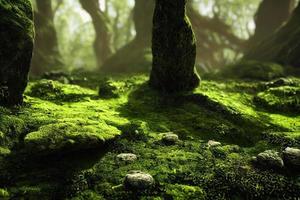 una ilustración generada por computadora de un exuberante musgo verde en el suelo de un bosque con rocas y árboles. ai generó arte. foto