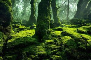 A computer generated illustration of lush green moss on a forest floor with rocks and trees. A.I. generated art. photo