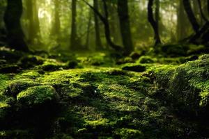 A computer generated illustration of lush green moss on a forest floor with rocks and trees. A.I. generated art. photo