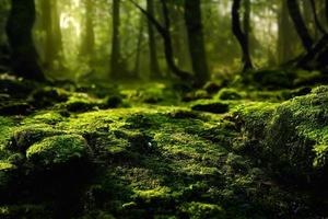 una ilustración generada por computadora de un exuberante musgo verde en el suelo de un bosque con rocas y árboles. ai generó arte. foto