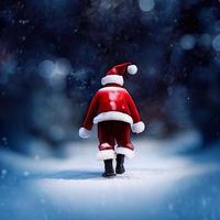 Computer generated illustration of the back of a lone figure dressed as Santa Claus walking away from the camera in a cold wintery snow scene background. A.I. generated art. photo