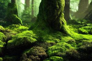 A computer generated illustration of lush green moss on a forest floor with rocks and trees. A.I. generated art. photo