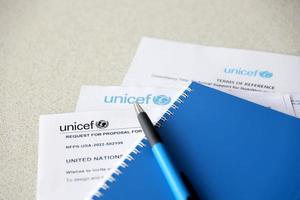 TERNOPIL, UKRAINE - MAY 2, 2022 Request for proposal for services from UNICEF - United Nations programm that provides humanitarian and developmental assistance to children photo