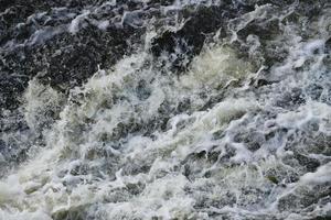 Waves of water of the river and the sea meet each other during high tide and low tide. Deep blue stormy sea water surface with white foam and waves pattern, background photo