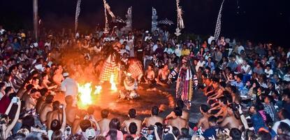 Jimbaran, Bali, Indonesia, August 2022- Kecak dance depicting a white monkey being burned by Ravana photo