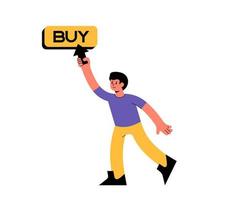 Man hold computer arrow and press on button with text buy vector illustration. Concept abstract online shopping in cyberspace metaverse