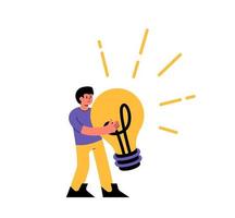 Man hold man hold a big light bulb vector illustration. Concept abstract great business idea in the form of a light bulb after brainstorming