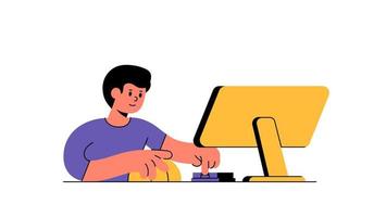 Man is working at a computer, use a computer mouse and typing on keyboard vector illustration simple graphic style