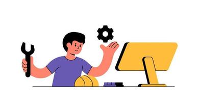 Man is sitting in front of a computer, wrench in one hand and gear in the other. Abstract concept man from remote help service or assistance vector illustration