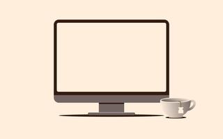 Computer monitor with empty screen and cup of tea nearby in flat style vector