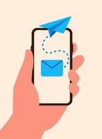 Smartphone in hand with outbox email and flying paper airplane flat style vector