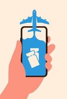 Airplane flies out of the screen phone and tickets in liquids in flat style vector