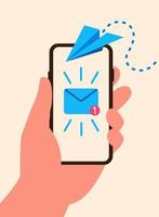 Phone in hand with flying paper airplane and inbox message with notification flat style vector