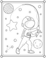 lindo astronauta pescando estrellas en el espacio adecuado para la ilustración vectorial de la página para colorear de los niños vector