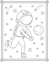 Cute astronaut playing moon ball in space suitable for children's coloring page vector illustration