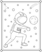 lindo astronauta jugando bola de luna en el espacio adecuado para la ilustración de vector de página de color de los niños