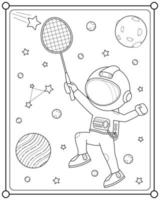 lindo astronauta jugando al bádminton en el espacio adecuado para la ilustración vectorial de la página de color de los niños vector