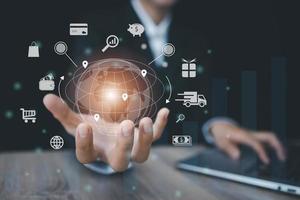 Woman use laptop  with IOT, Business global internet connection application technology and digital marketing, Financial and banking, Digital link tech, big data. internet online  in every day lifes. photo