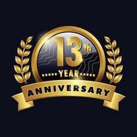 13th anniversary golden logo thirteenth Years Badge with number thirteen ribbon, laurel wreath vector design