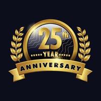 25th anniversary golden logo twenty-fifth Years Badge with number twenty-five ribbon, laurel wreath vector design