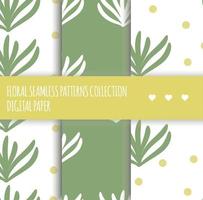 Vector set of abstract seamless textures on white background. Collection of hand drawn flat simple trendy illustrations with green leaves and yellow dots. Repeating pattern Scandinavian style.