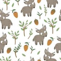 Vector seamless pattern of hand drawn flat funny baby deer with acorns, cones, mushrooms and twigs. Forest themed repeating background for children design. Cute animalistic backdrop