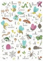 alfabeto de bosque para niños. lindo abc plano con insectos del bosque. cartel divertido de diseño vertical para enseñar a leer sobre fondo blanco. vector
