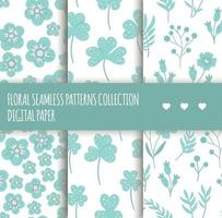 Vector set of blue floral seamless backgrounds. Collection of hand drawn flat simple trendy illustrations with flowers and leaves. Repeating pattern with meadow, garden, forest plants.